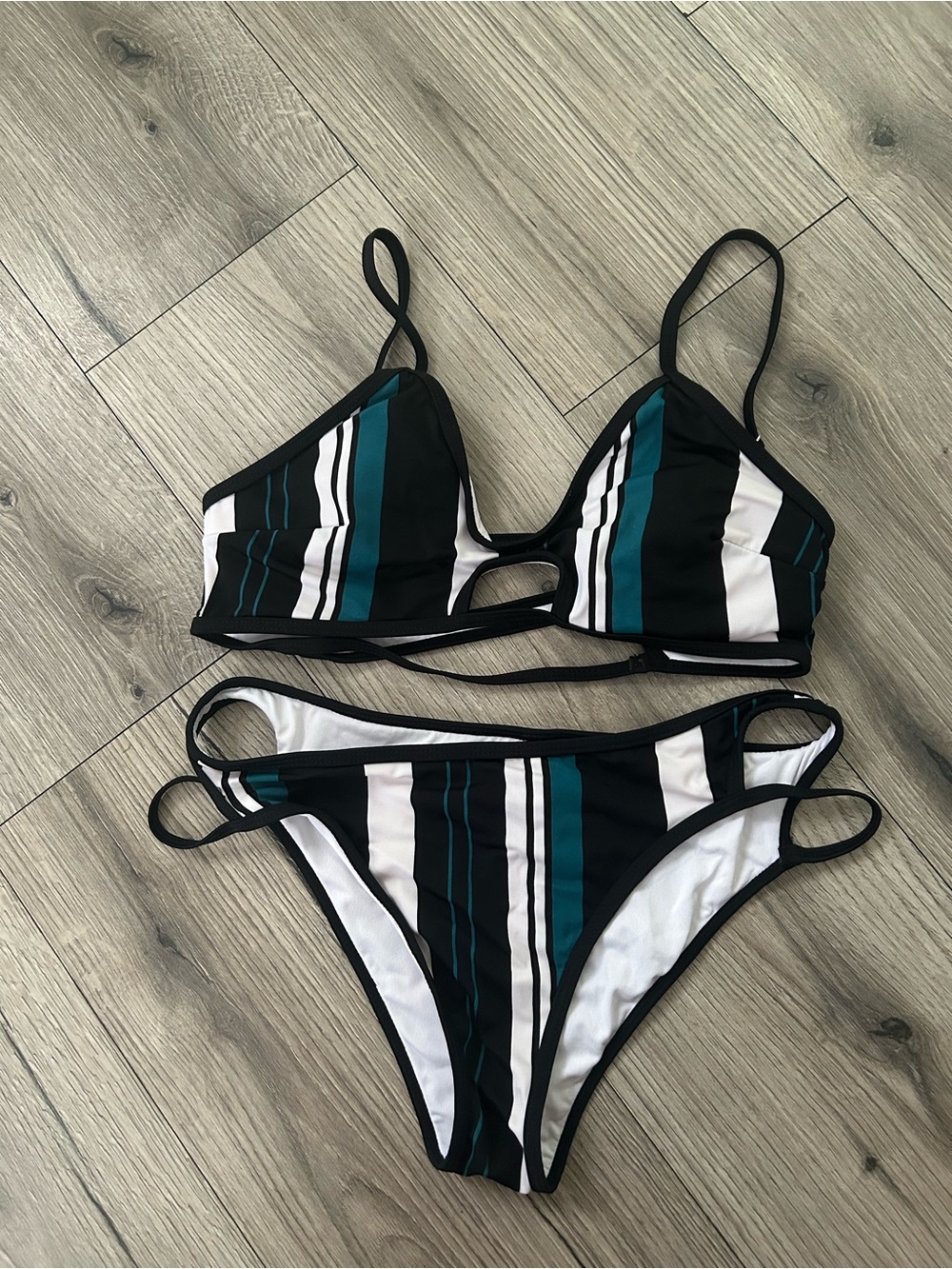 Women’s Black & Teal Striped Bikini Set